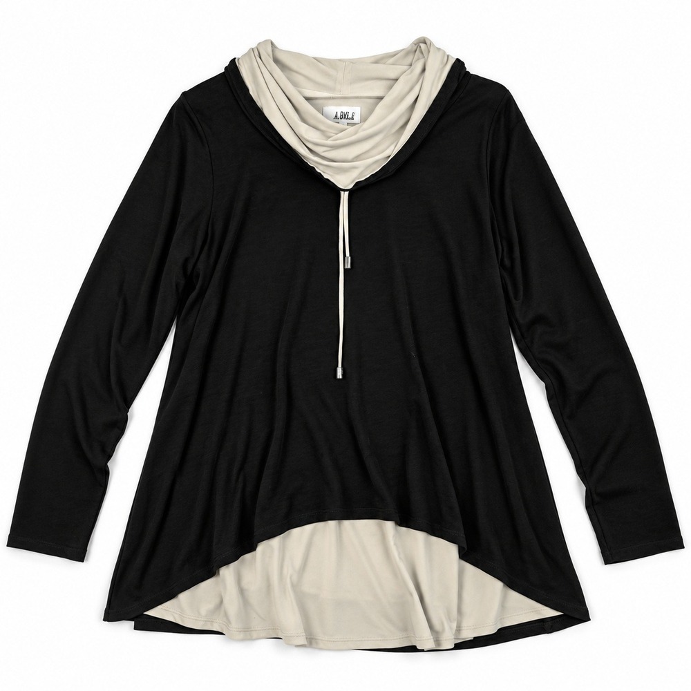 Joseph Ribkoff Tunic Top Women's 16 Black Champagne Cowl Neck Layered